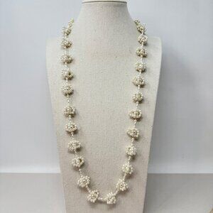 Vintage Imitation Pearl Knot Station Necklace Long Length Creamy White Coquette